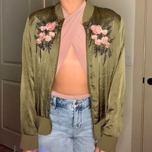 Camo green silky bomber jacket with pink flowers